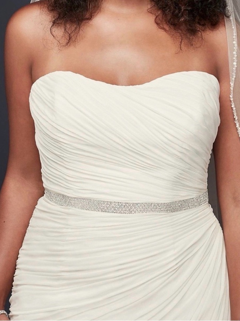David's Bridal Strapless Ivory Ruched Gown with Rhinestone Belt
